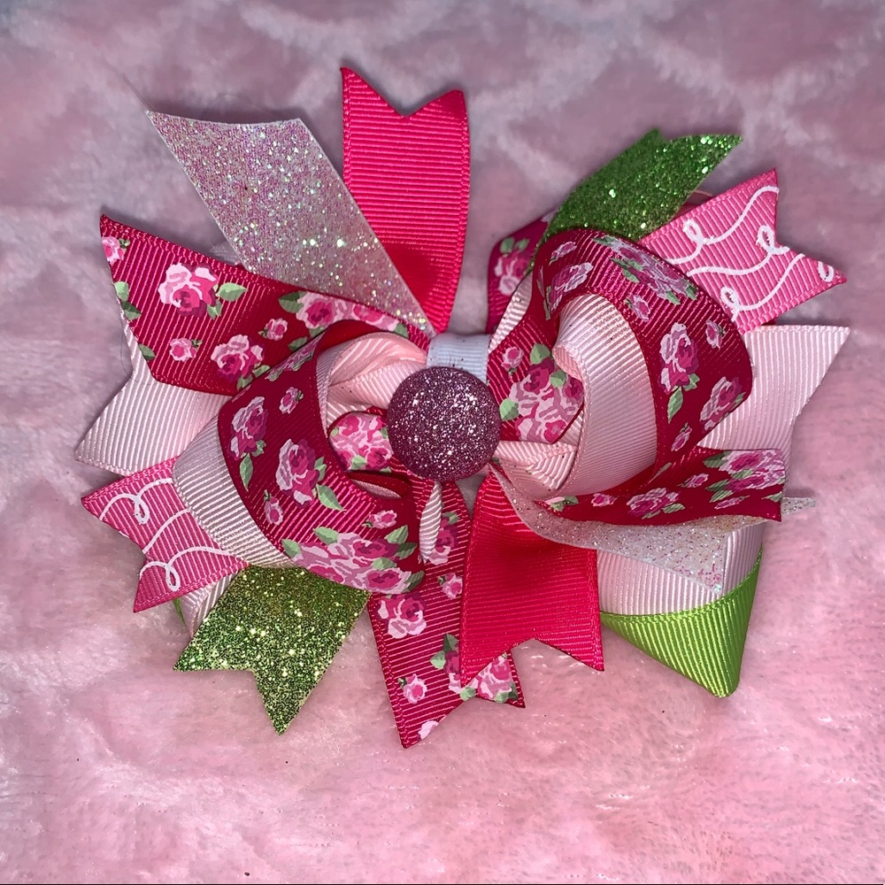 Pink and lime green floral bow spring themed